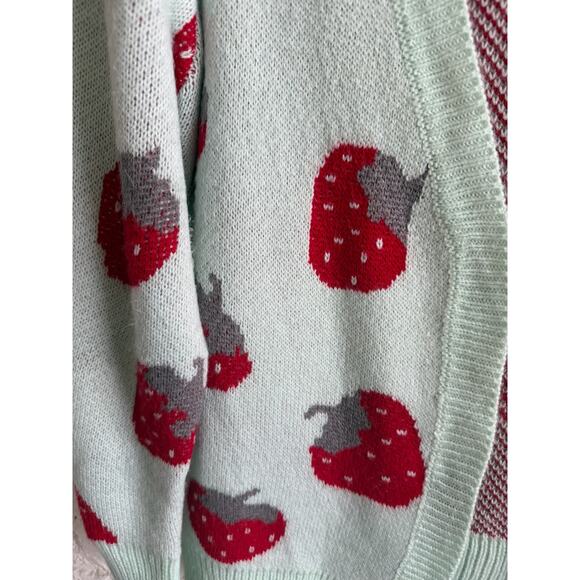 Y2K Mint Green Strawberry Open Front Knit Cardigan Women’s Size XL - Picture 3 of 6